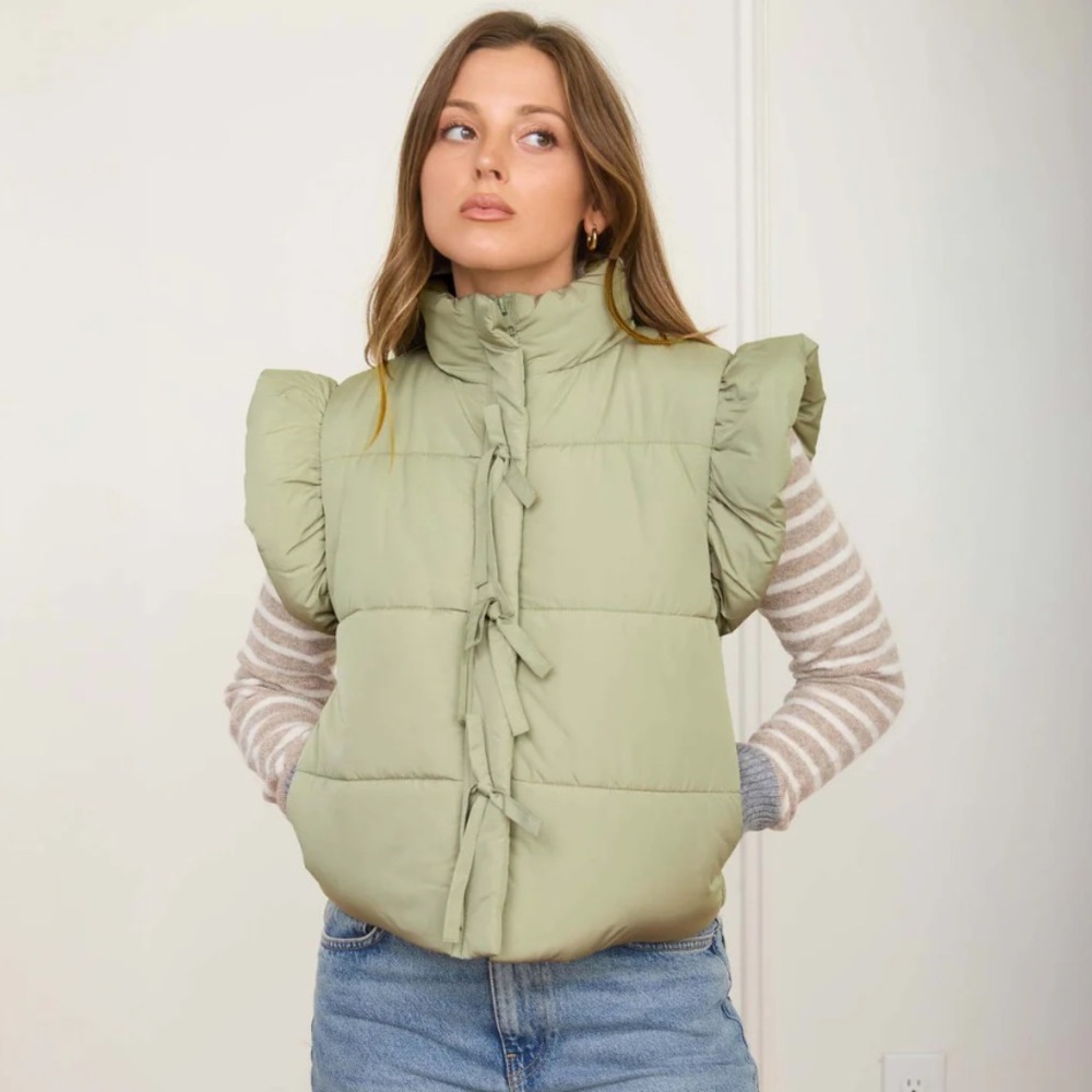 Puff-Sleeve Puffer Vest - Sage Green